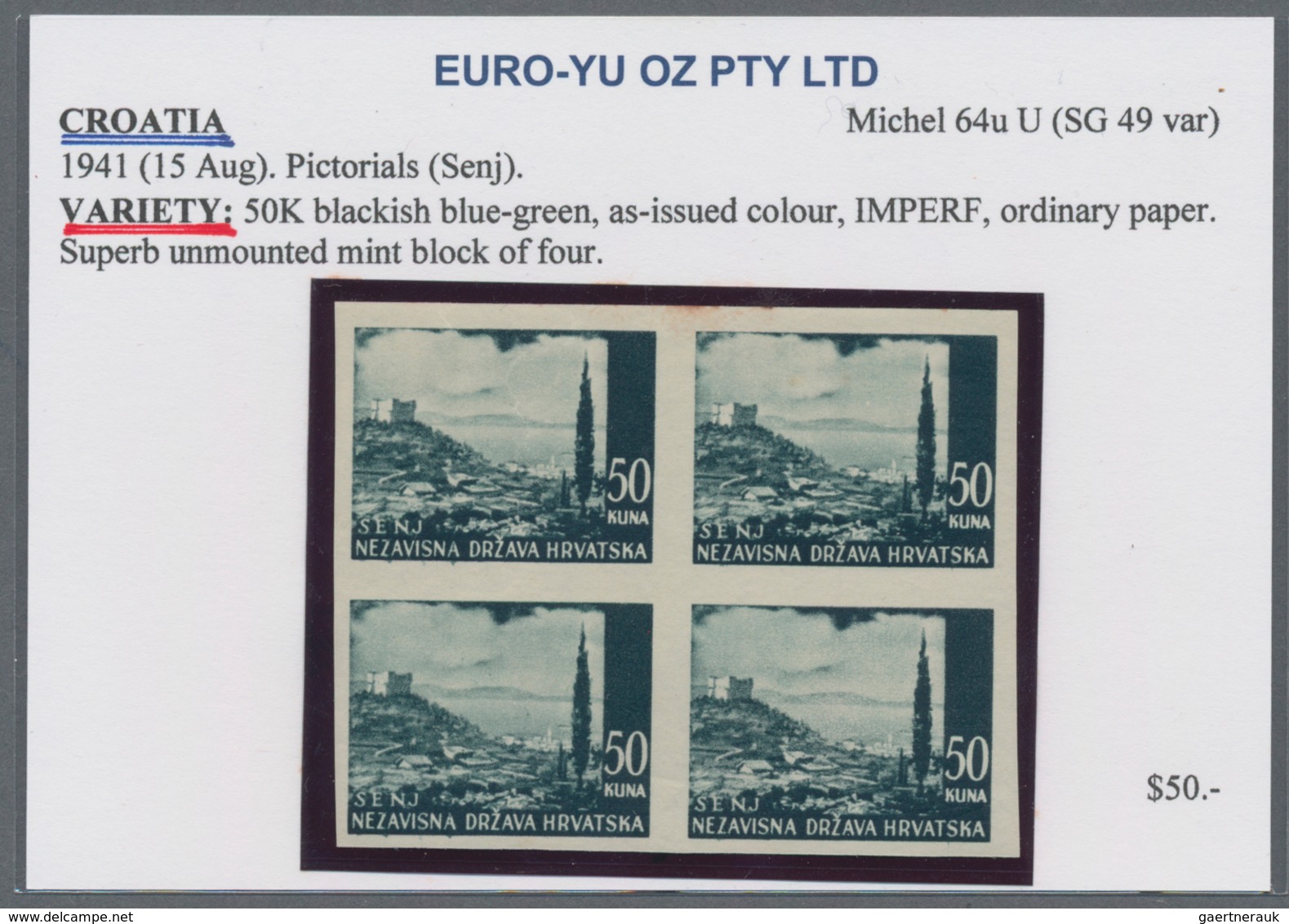 Kroatien: 1941/1942, Definitives "Pictorials", 50k. blackish green "Senj", specialised assortment of