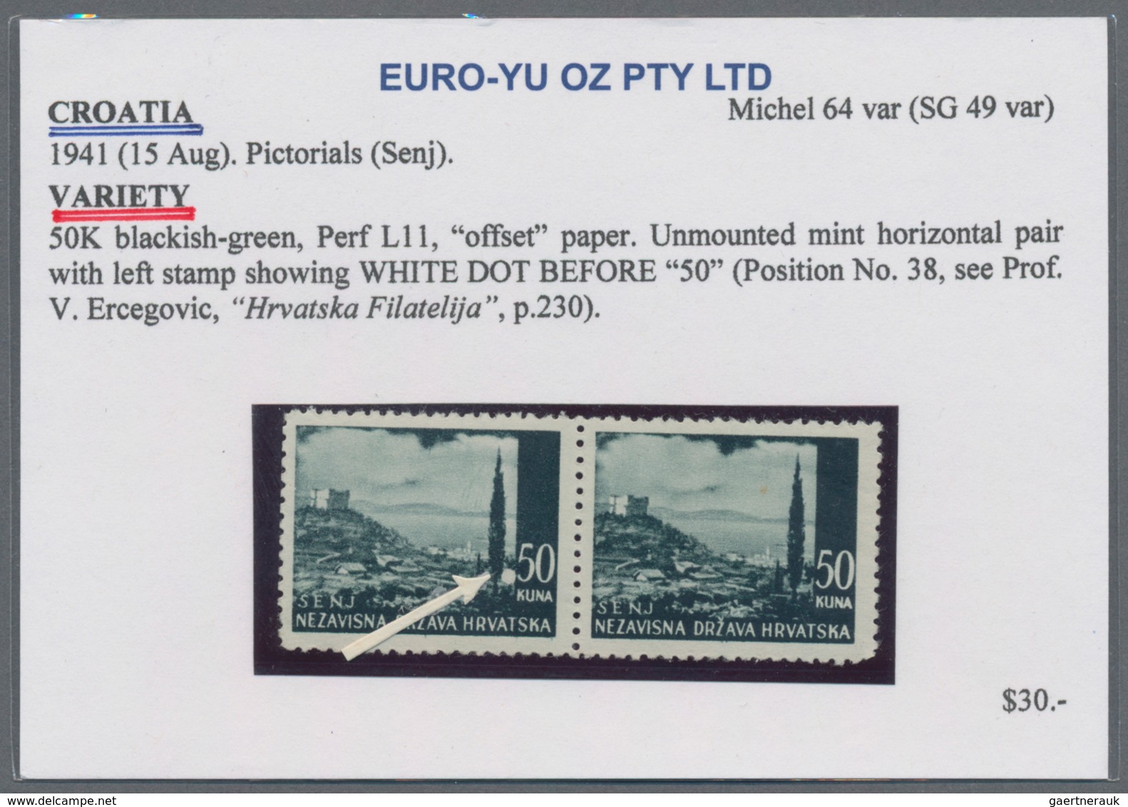 Kroatien: 1941/1942, Definitives "Pictorials", 50k. blackish green "Senj", specialised assortment of