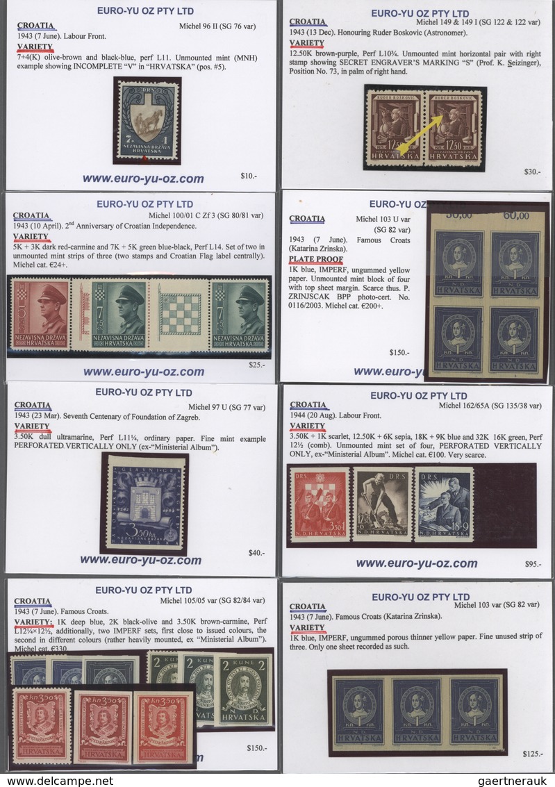 Kroatien: 1941/1945, mint assortment on retail cards, incl. a good range of specialities like imperf