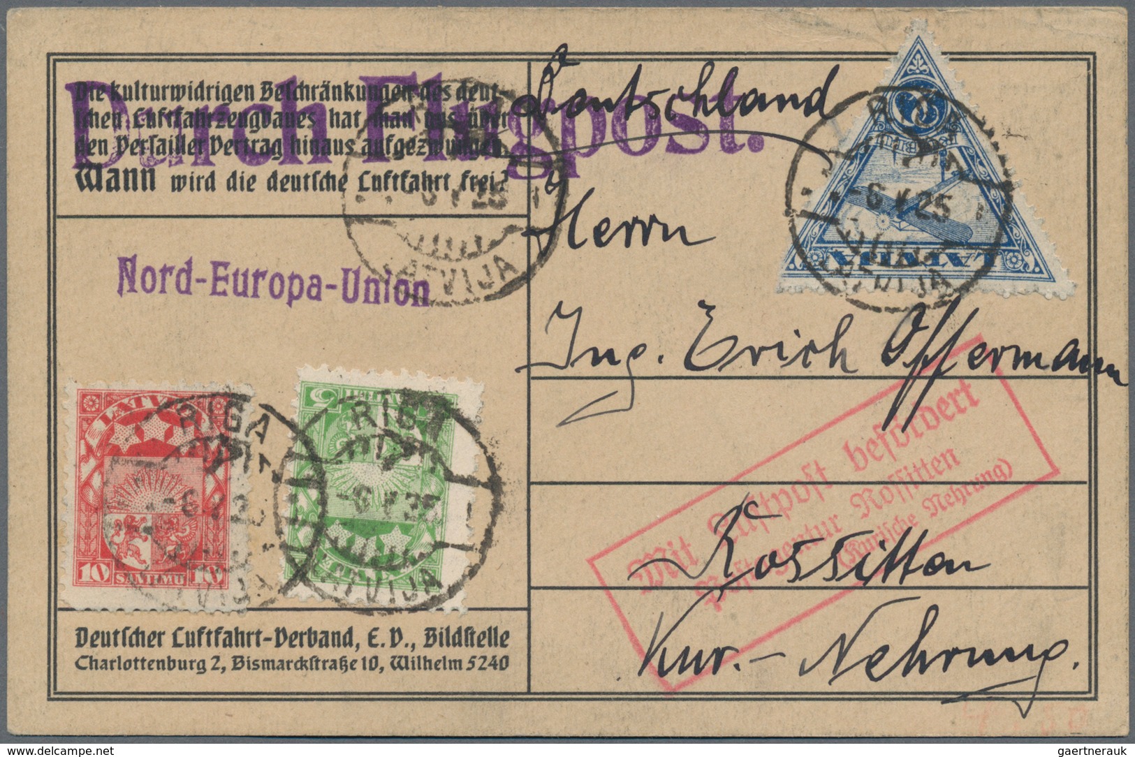 Lettland: 1923 - 1937, 10 Better Airmail Receipts From Lithuania, Including Registered Mail, With E. - Lettland