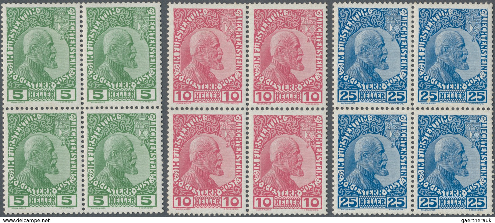 Liechtenstein: 1912/1936, Kleines Lot Mit MiNr. 1/3 X In 4er-Blocks (eine Marke Mit Erstfalz, Die An - Collections