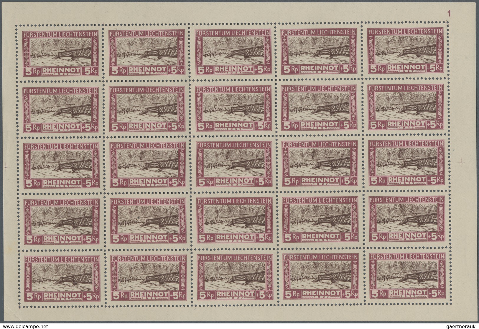 Liechtenstein: 1928, Rheinnot, Bogensatz Zu 25 Werten (nur In Einigen äußersten Bogenecken Teils Kni - Lotes/Colecciones