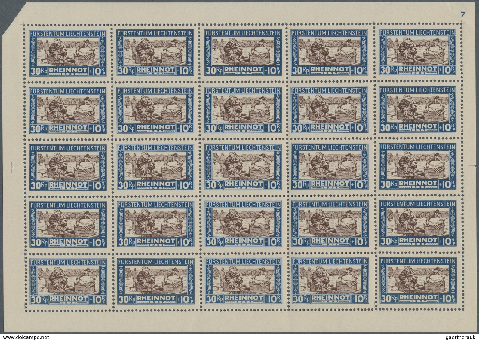 Liechtenstein: 1928, Rheinnot, Bogensatz Zu 25 Werten (nur In Einigen äußersten Bogenecken Teils Kni - Collections