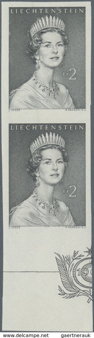 Liechtenstein: 1960, 2 Fr. Fürstin Gina, Ungezähnter Probedruck Grauschwarz, 12 Exemplare Postfrisch - Verzamelingen