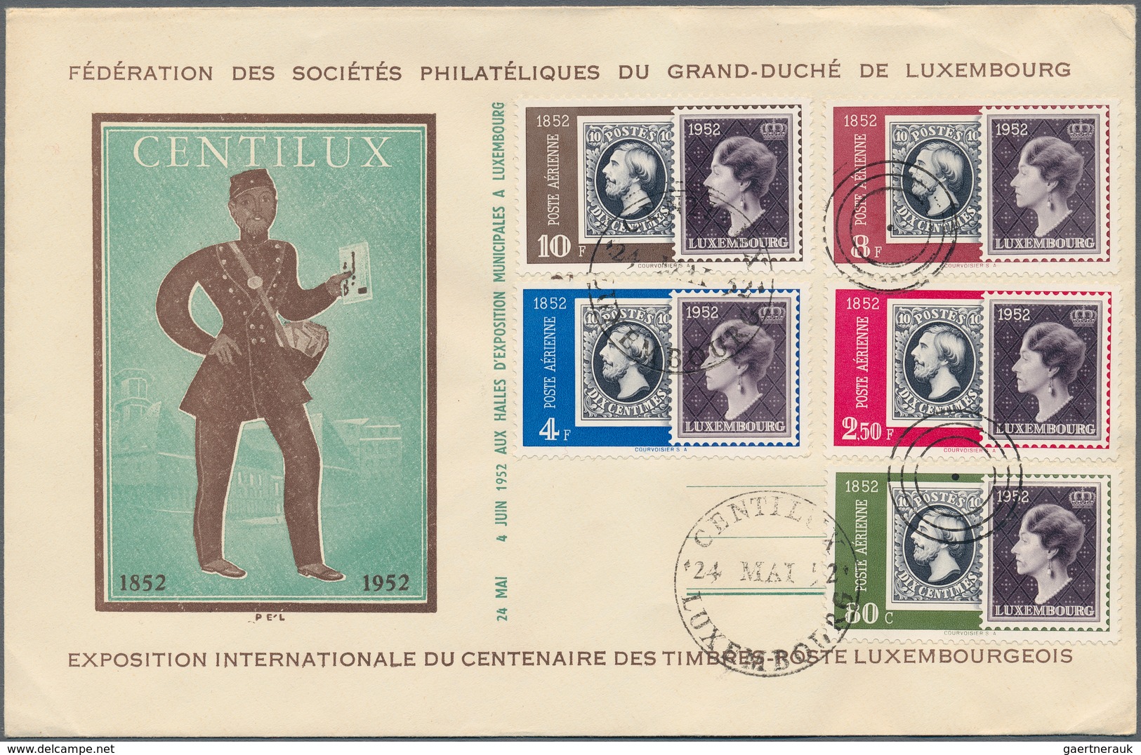 Luxemburg: 1947/1956, Lot Of Seven Better F.d.c.: 1947 Patton, 1947 Caritas, 1949 UPU (2), 1952 Cent - Autres & Non Classés