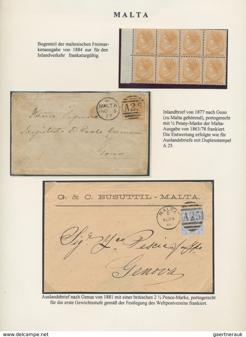 Malta: 1850-1975 Exhibition collection of mint and used stamps and covers, well written up on pages