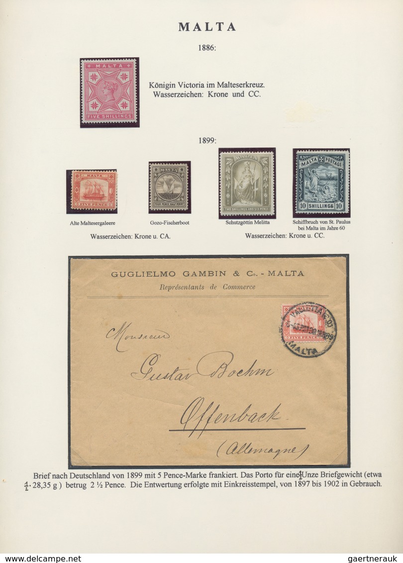 Malta: 1850-1975 Exhibition collection of mint and used stamps and covers, well written up on pages