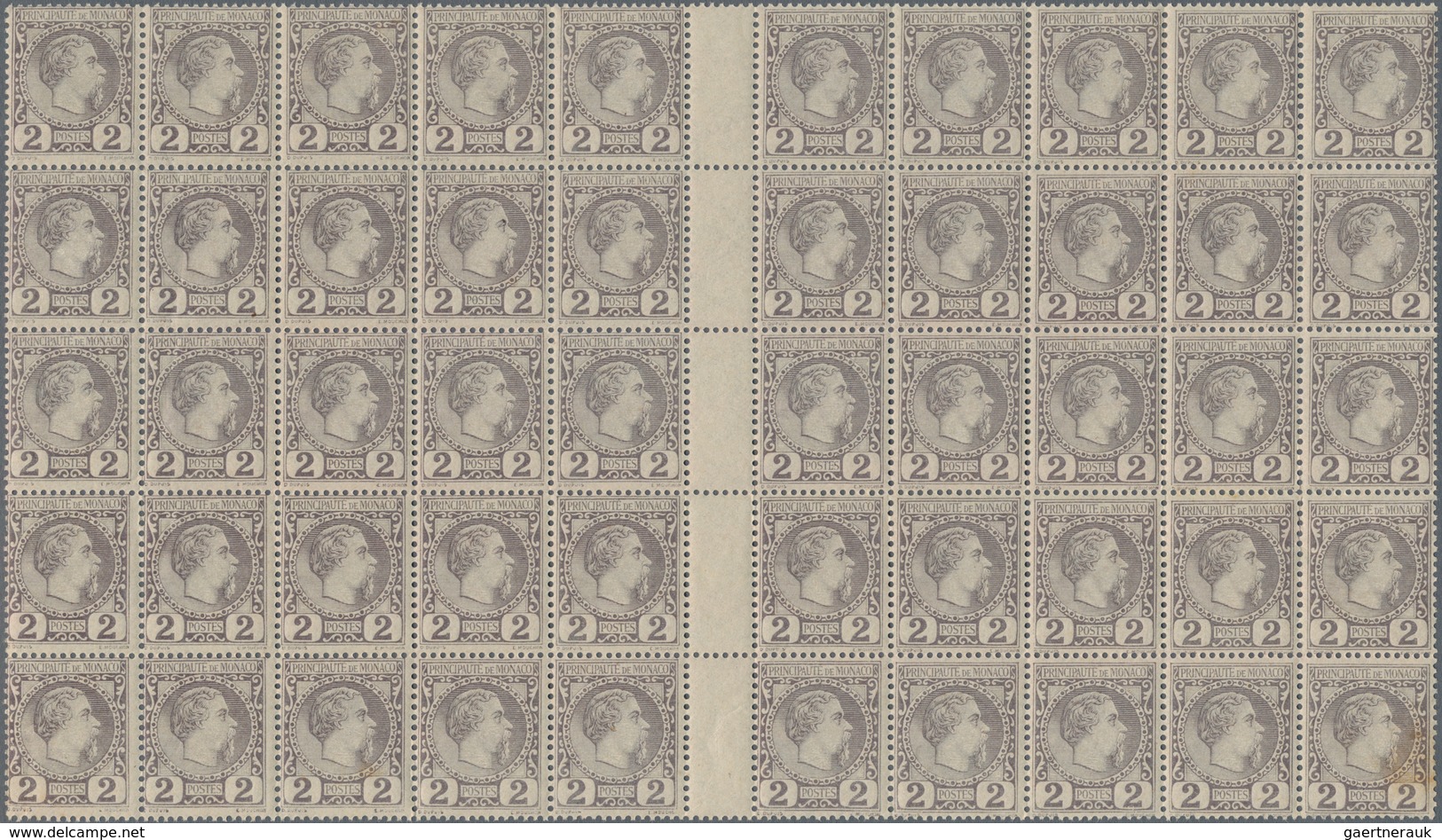 Monaco: 1885, Definitives Charles, 2c. Violet-grey, Gutter Block Of 50 Stamps, Mint Never Hinged, Lo - Ungebraucht