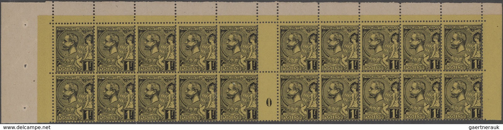 Monaco: 1891/1894, Definitives Albert, 1fr. Black On Yellow, Lot Of 100 Stamps Within Gutter Blocks, - Ongebruikt