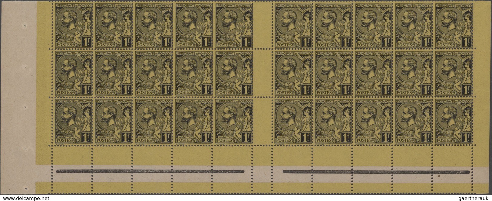 Monaco: 1891/1894, Definitives Albert, 1fr. Black On Yellow, Lot Of 100 Stamps Within Gutter Blocks, - Ungebraucht
