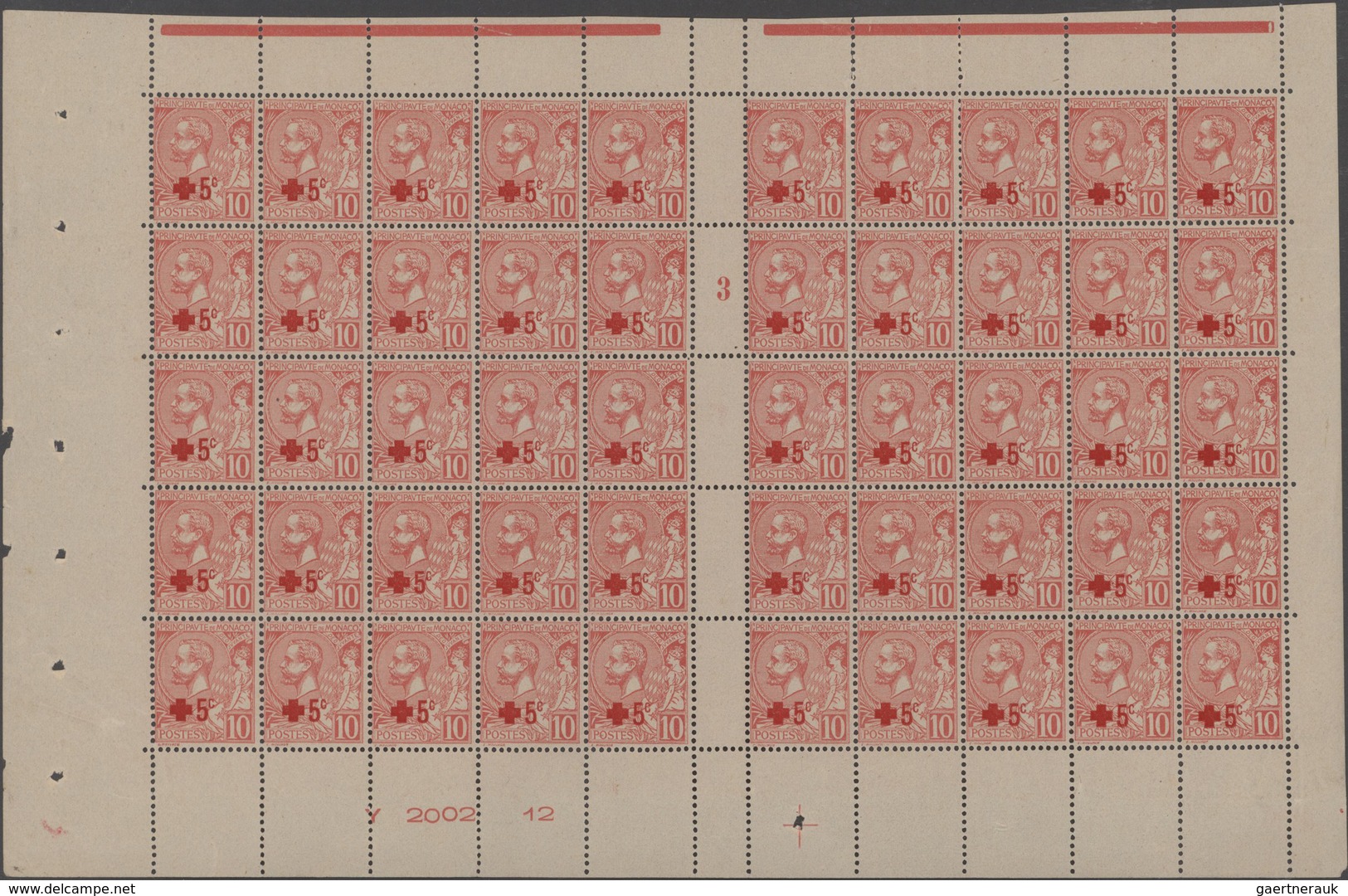 Monaco: 1914, Red Cross Overprint, +5c. On 10c. Rose, Two Gutter Panes Of 50 Stamps (folded/partly S - Ungebraucht