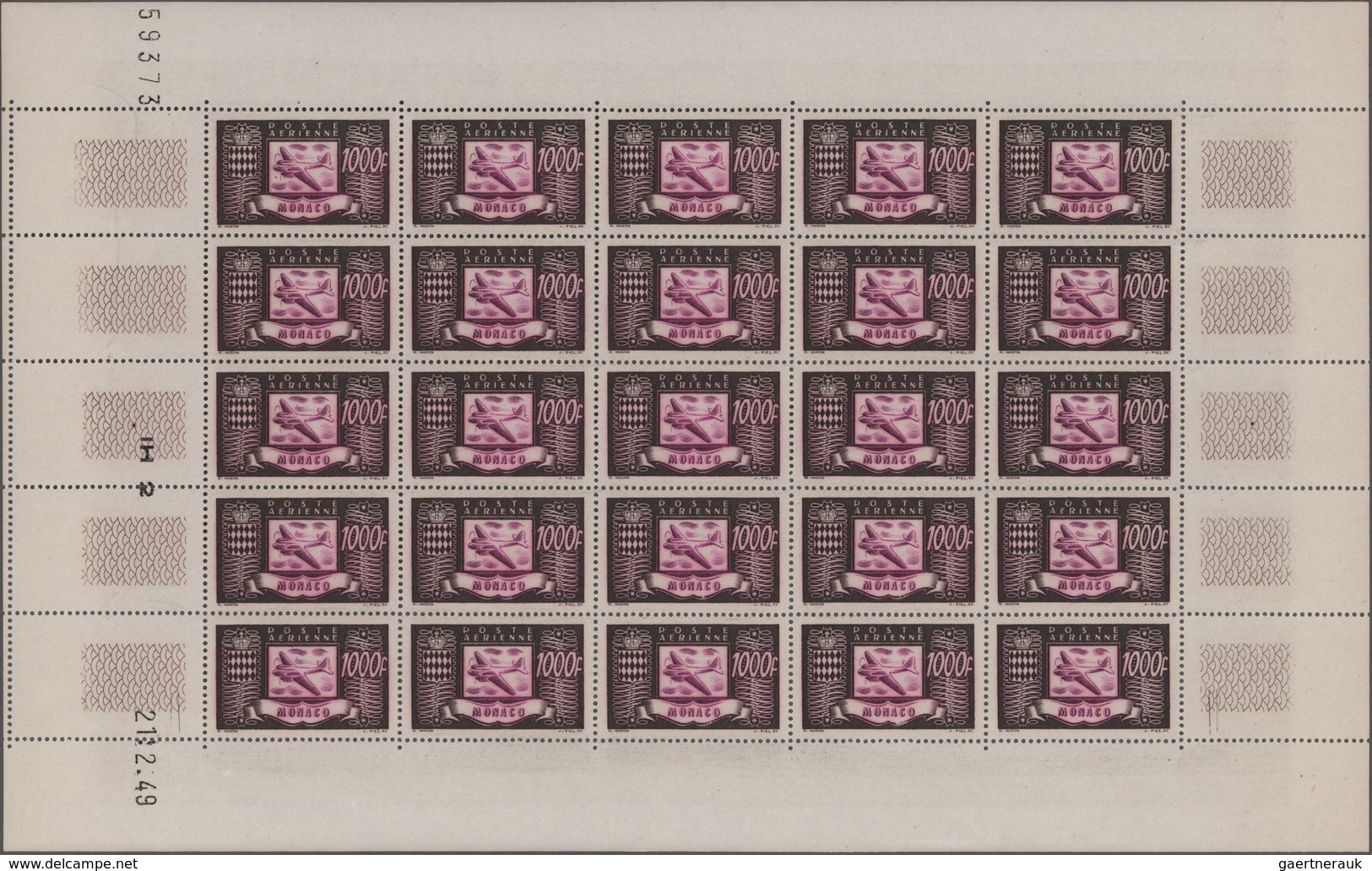 Monaco: 1949, Airmails, 300fr., 500fr. And 1000fr., Five Sheets Each (=125 Complete Sets), Mint Neve - Ungebraucht