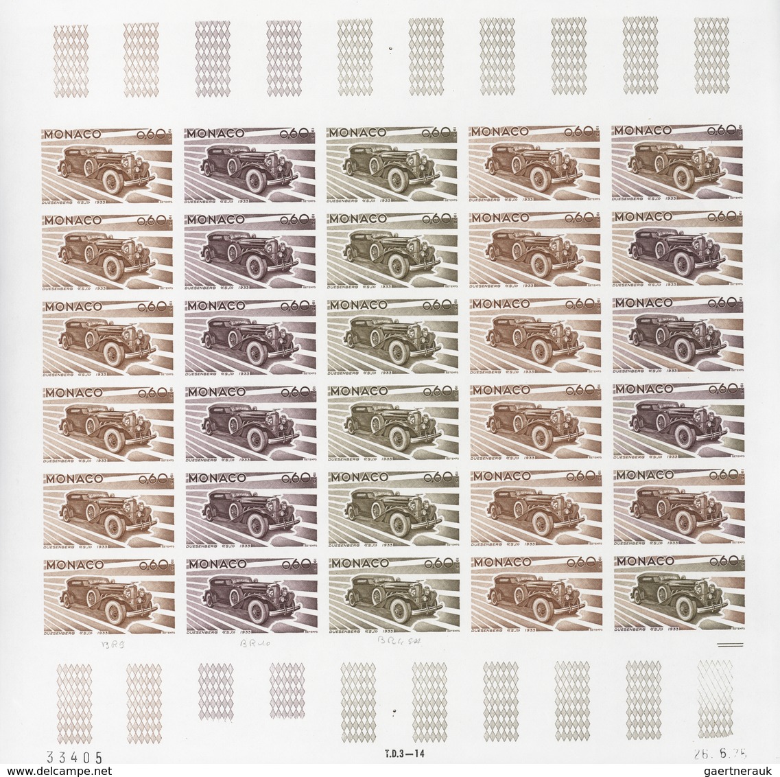 Monaco: 1973/1977, IMPERFORATE COLOUR PROOFS, MNH collection of 38 complete sheets (=1.040 proofs),