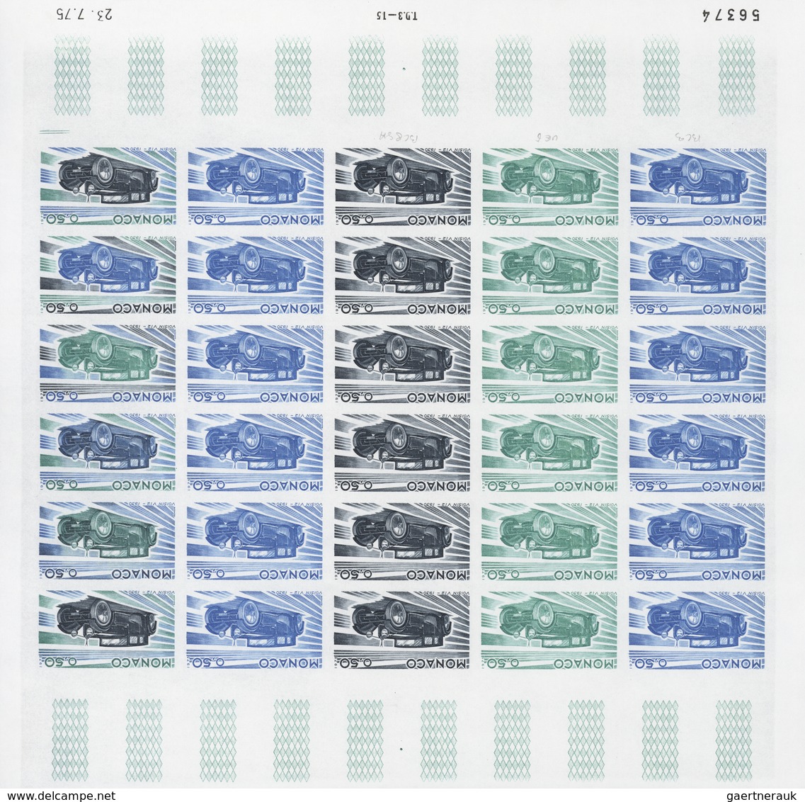 Monaco: 1973/1977, IMPERFORATE COLOUR PROOFS, MNH collection of 38 complete sheets (=1.040 proofs),