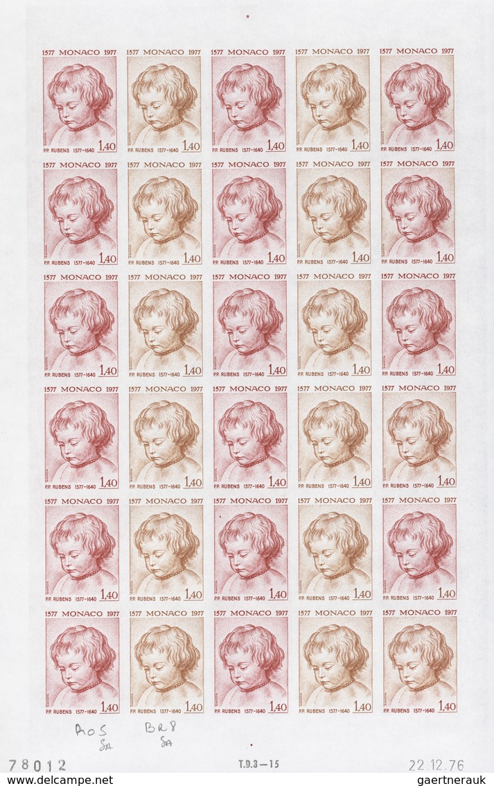 Monaco: 1973/1977, IMPERFORATE COLOUR PROOFS, MNH collection of 38 complete sheets (=1.040 proofs),