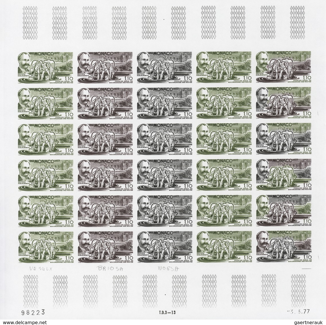 Monaco: 1973/1977, IMPERFORATE COLOUR PROOFS, MNH collection of 38 complete sheets (=1.040 proofs),