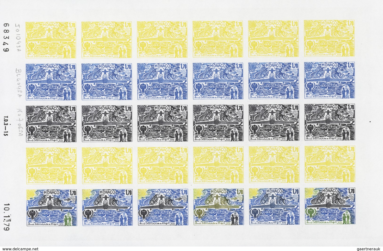 Monaco: 1973/1977, IMPERFORATE COLOUR PROOFS, MNH collection of 38 complete sheets (=1.040 proofs),