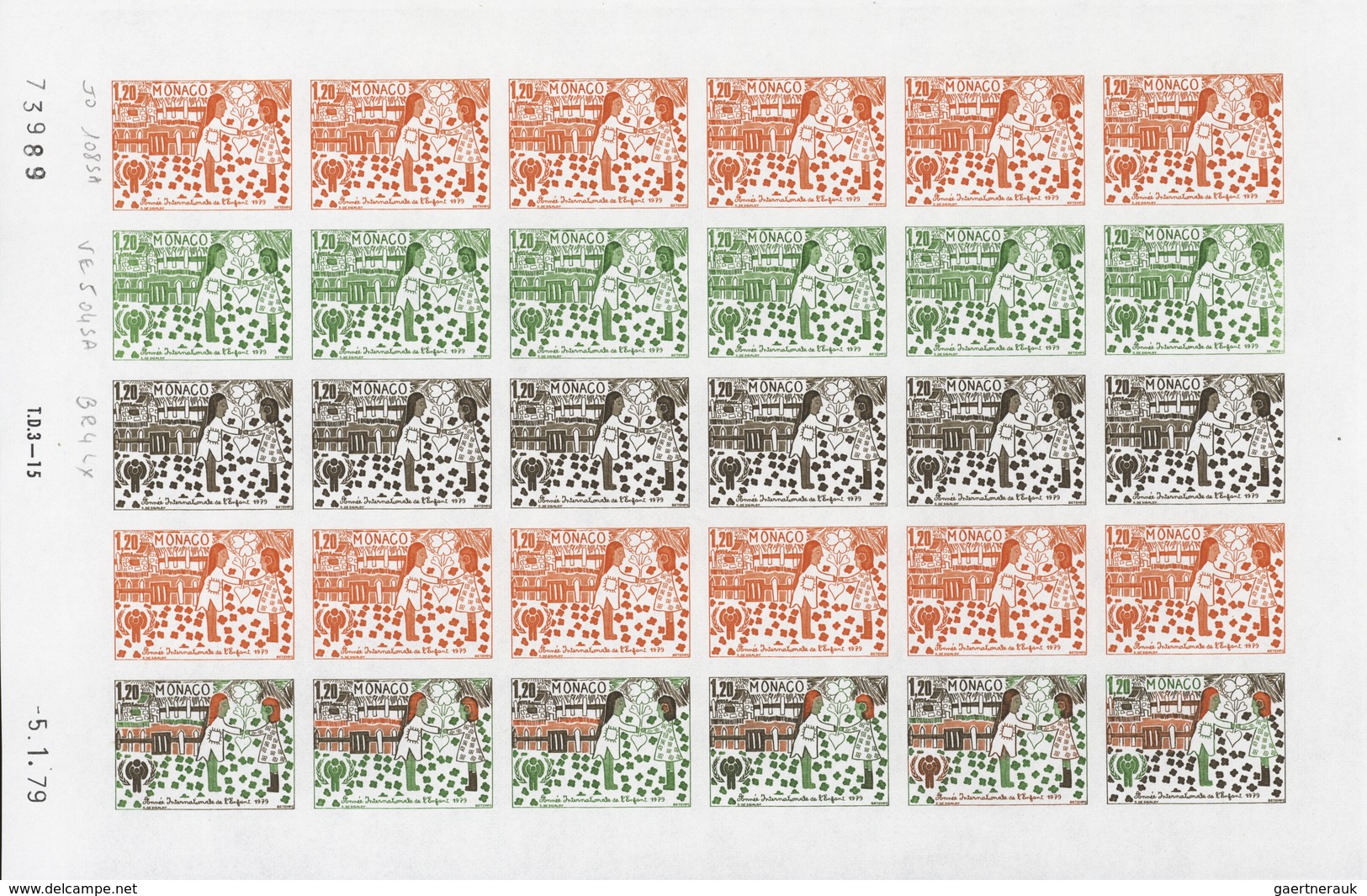 Monaco: 1973/1977, IMPERFORATE COLOUR PROOFS, MNH collection of 38 complete sheets (=1.040 proofs),