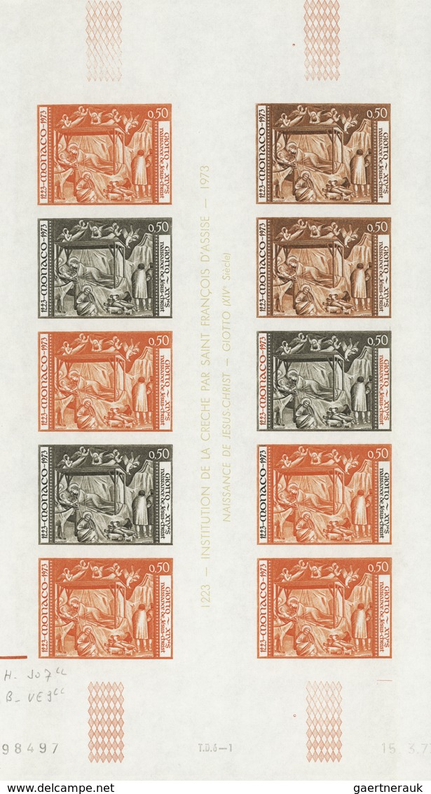 Monaco: 1973/1977, IMPERFORATE COLOUR PROOFS, MNH collection of 38 complete sheets (=1.040 proofs),