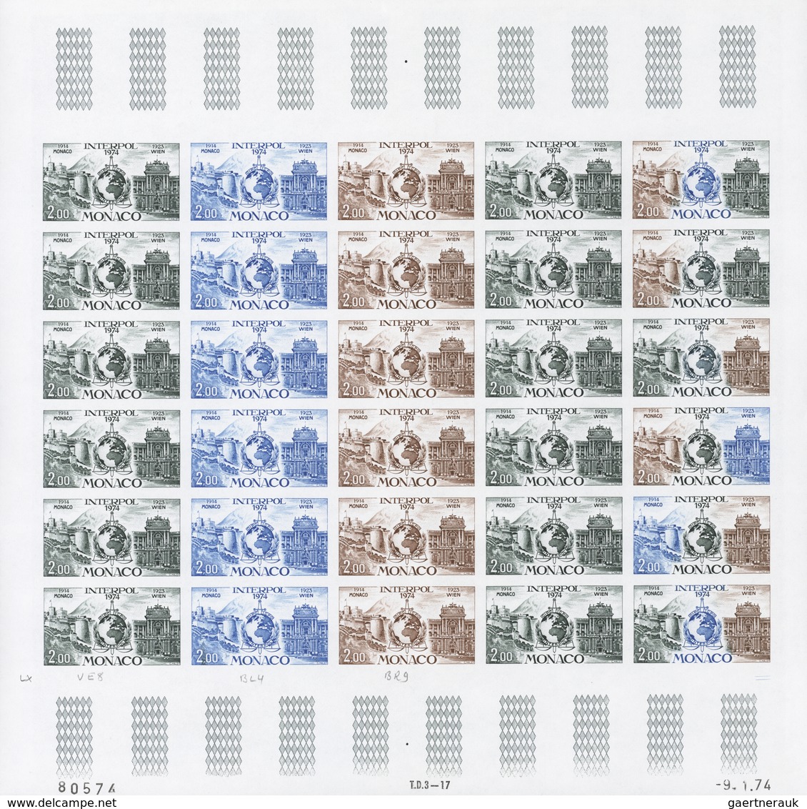 Monaco: 1973/1977, IMPERFORATE COLOUR PROOFS, MNH collection of 38 complete sheets (=1.040 proofs),