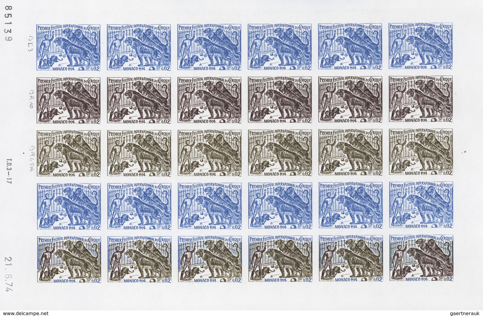 Monaco: 1973/1977, IMPERFORATE COLOUR PROOFS, MNH collection of 38 complete sheets (=1.040 proofs),