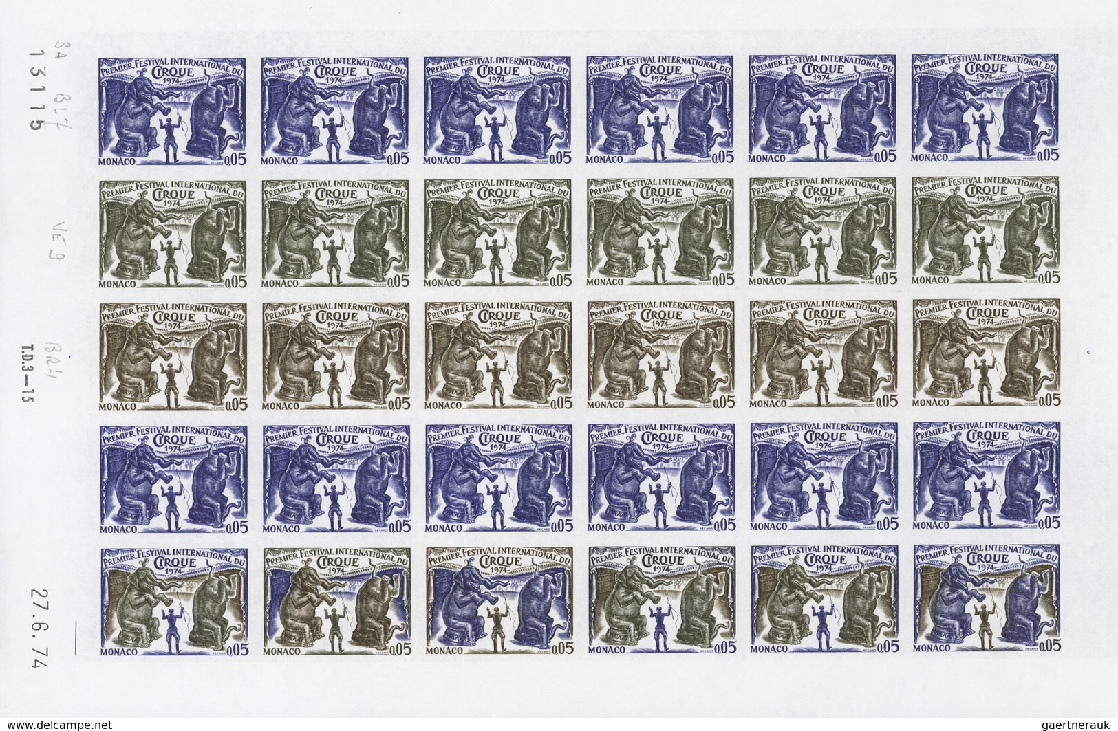 Monaco: 1973/1977, IMPERFORATE COLOUR PROOFS, MNH collection of 38 complete sheets (=1.040 proofs),