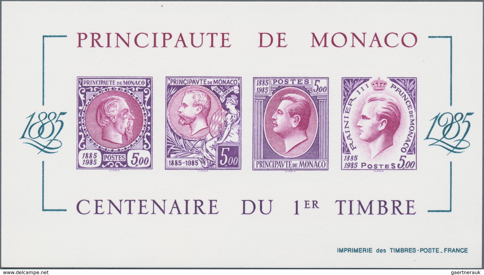 Monaco: 1985, Stamp Centenary Souvenir Sheet, Epreuve De Luxe In Differing Colours "Lilac/Purple" On - Ongebruikt