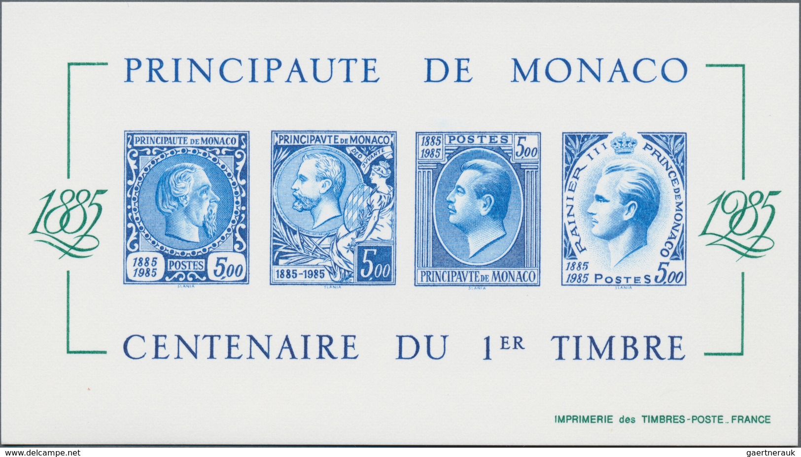 Monaco: 1985, Stamp Centenary Souvenir Sheet, Epreuve De Luxe On Thick Unwatermarked Paper And PTT I - Nuevos