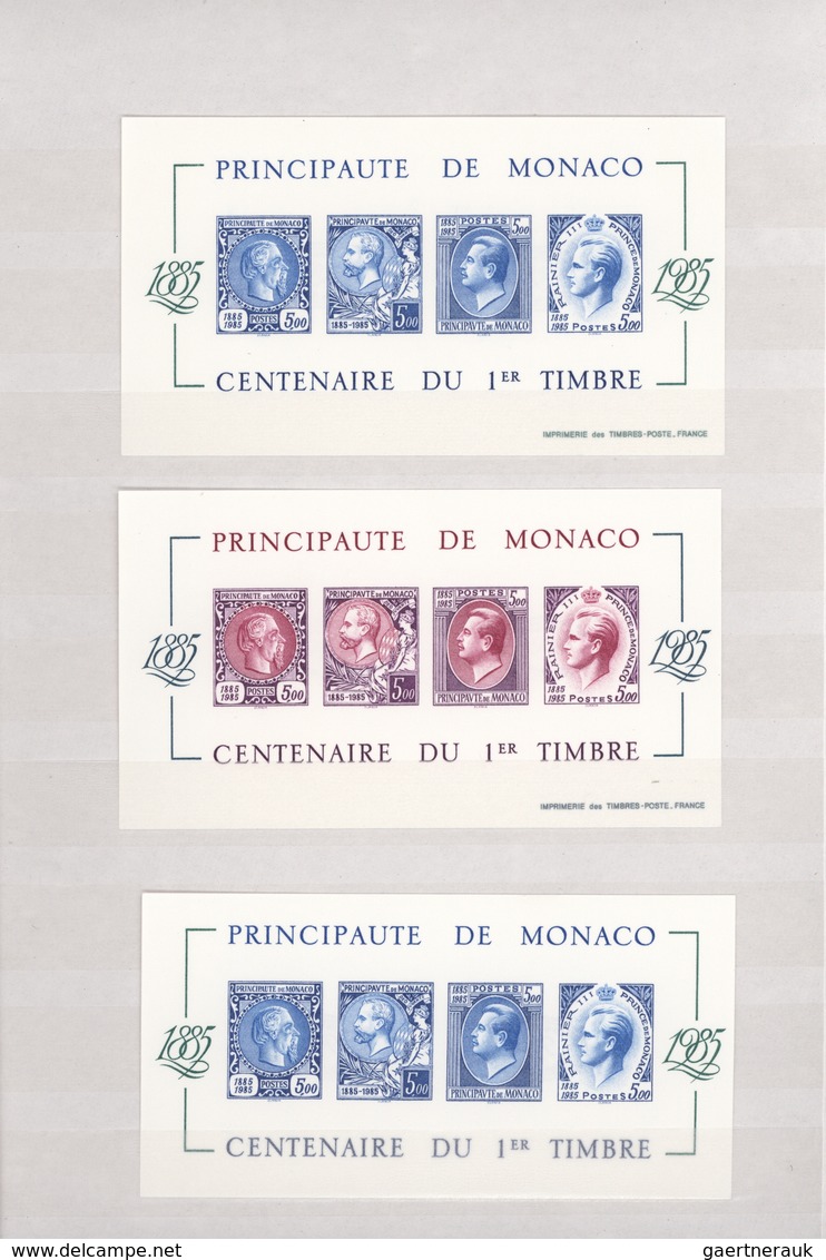 Monaco: 1985, Stamp Centenary, Specialised Collection Incl. Several Unusual Pieces, E.g. Souvenir Sh - Ongebruikt