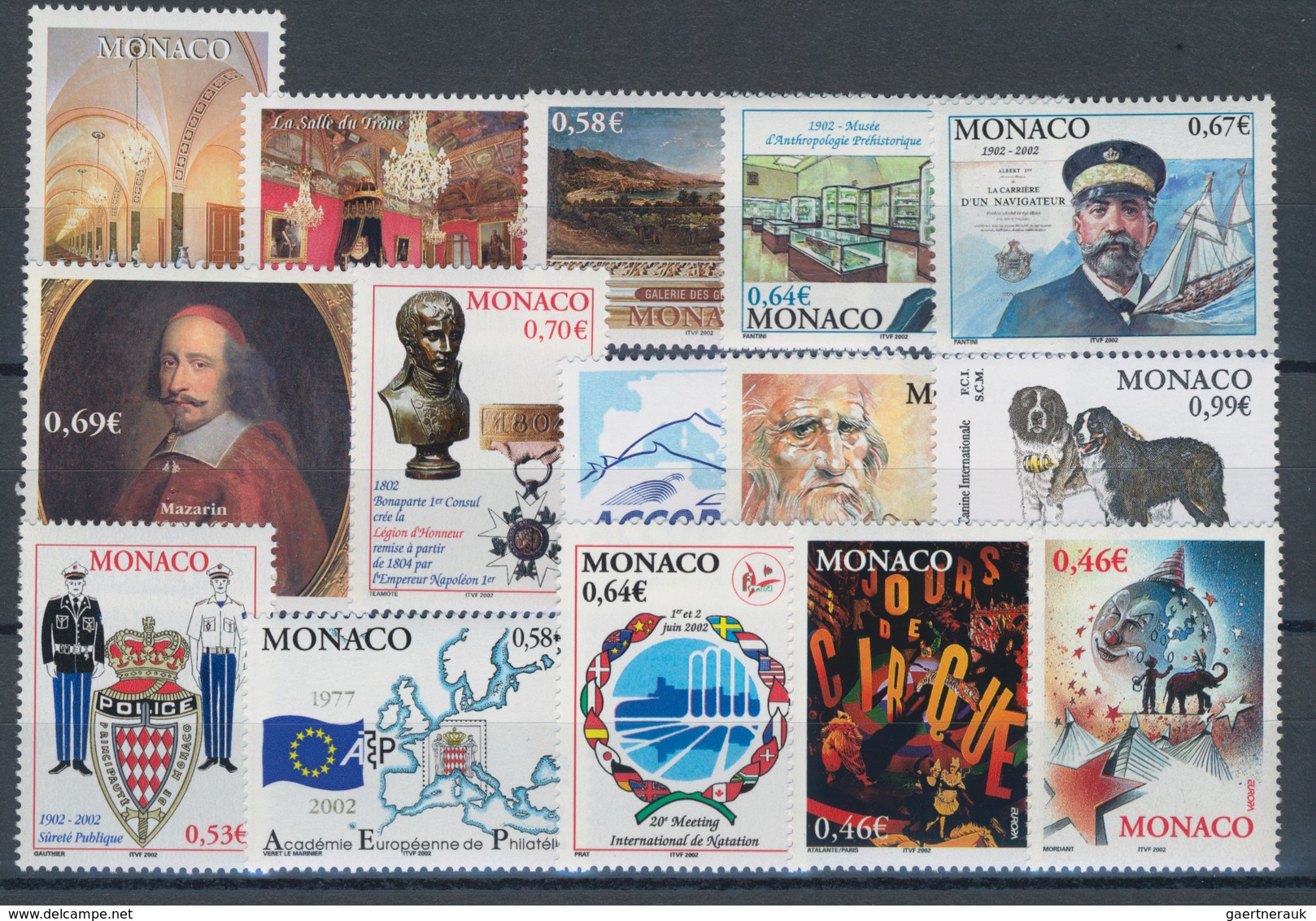 Monaco: 2002, Complete Year Set MNH Per 100. Michel Cat. Val. 13.950,- €, Face Value 6605,- €. - Ongebruikt