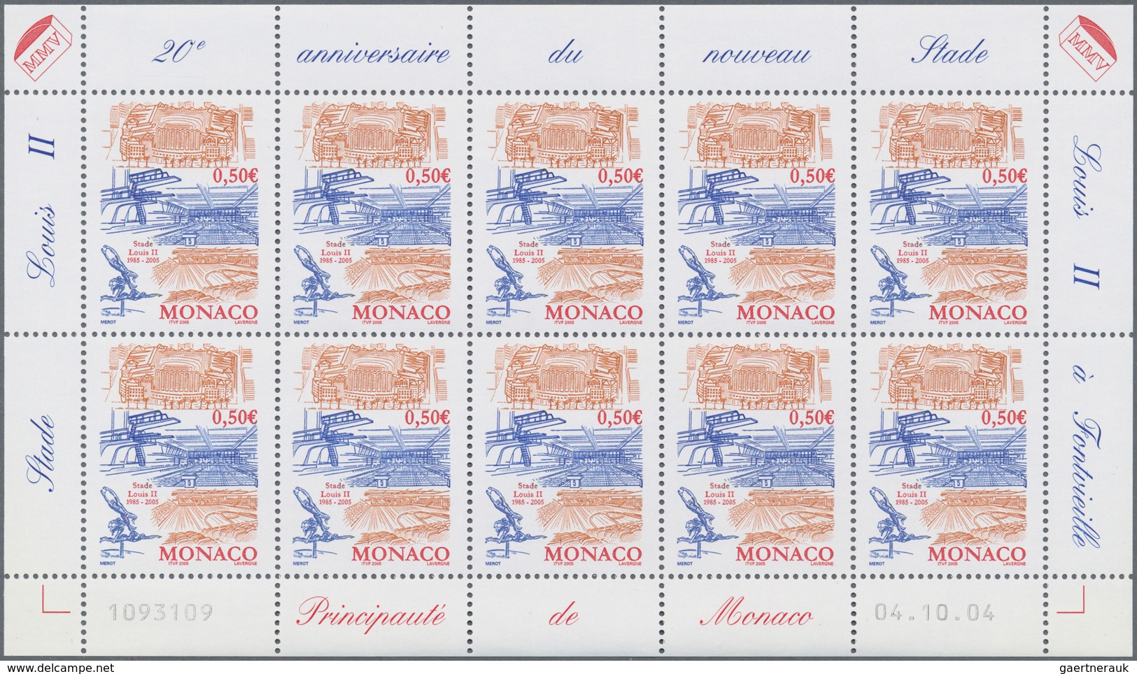 Monaco: 2004, 0.50 € Stadium Louis II., 770 Complete Sheets With 7.700 Stamps Mint Never Hinged. Mic - Ungebraucht