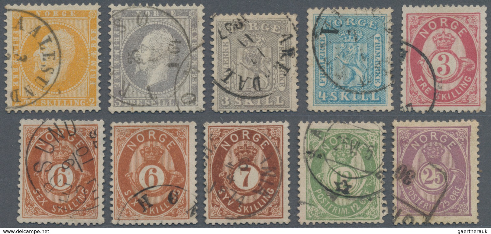 Norwegen: 1856/1890, Lot Of Ten Used Stamps, E.g. 1856 Oskar 2sk. Yellow And 3sk. Grey,1867 Lion 3sk - Gebraucht