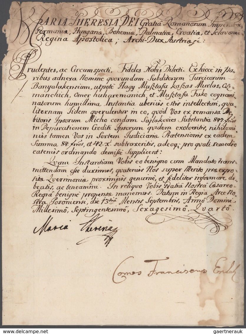 Österreich - Vorphilatelie: 1704/1843, Partie von fünf besseren Dokumenten: 1712 Unterschrift Kaiser