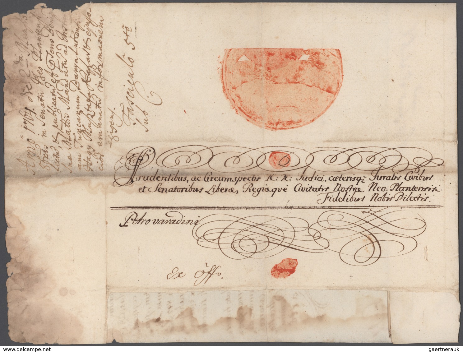 Österreich - Vorphilatelie: 1704/1843, Partie von fünf besseren Dokumenten: 1712 Unterschrift Kaiser