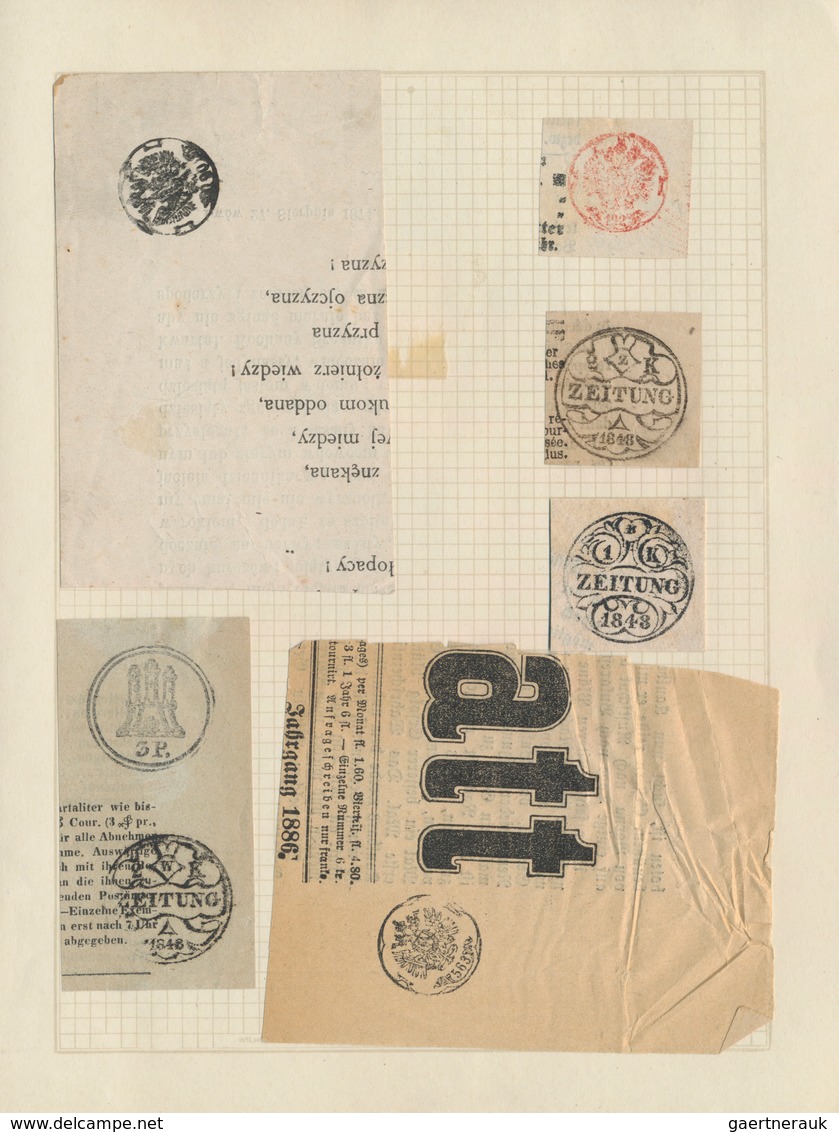 Österreich: 1809 - 1846 (ca.), 4 Zeitungsausschnitte Mit Stempeln Und 17 Ausschnitte Mit Verschieden - Colecciones