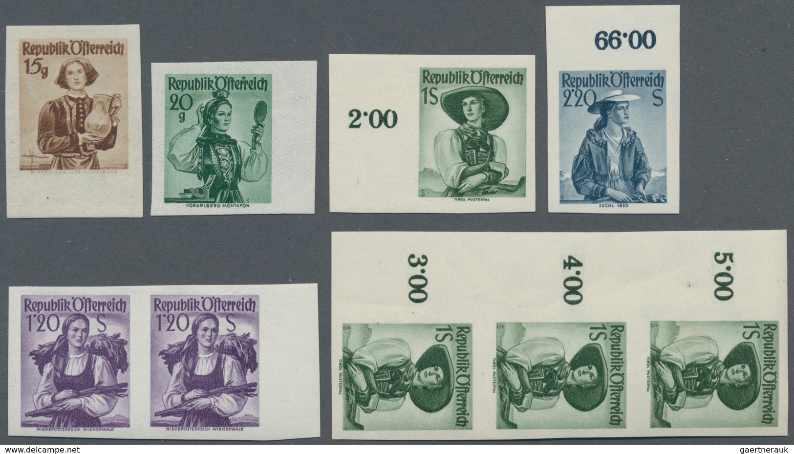 Österreich: 1949/1958, TRACHTEN, 29 Postfrische Werte UNGEZÄHNT, Dabei Auch Paare, Dreierstreifen Un - Colecciones