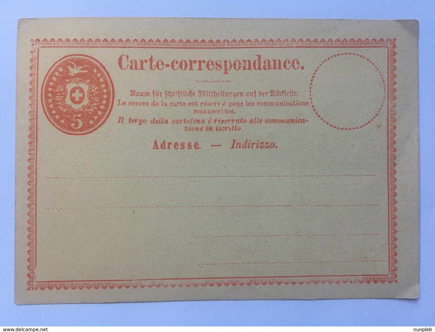 Switzerland Carte Postale 1870`s Unused 5 Centimes Rate - Briefe U. Dokumente