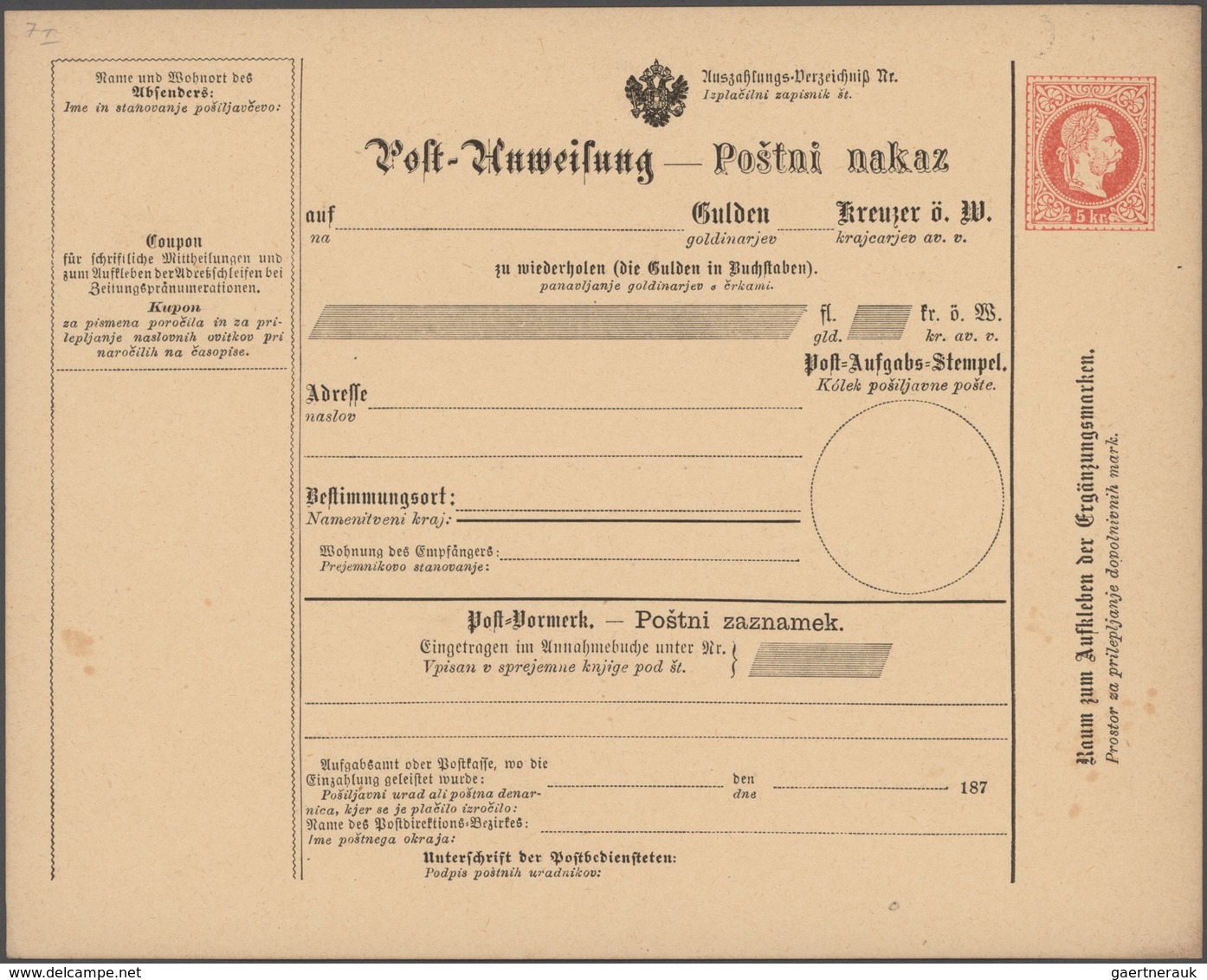 Österreich - Ganzsachen: 1870/71, Neun Ungebrauchte Postanweisungen 5 Kr. Rot Auf Gelblich, Dabei Vi - Otros & Sin Clasificación