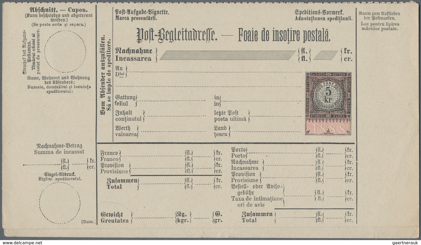 Österreich - Ganzsachen: 1888, Sechs Verschiedene Ungebrauchte Postbegleitadressen Für Nachnahmensen - Autres & Non Classés