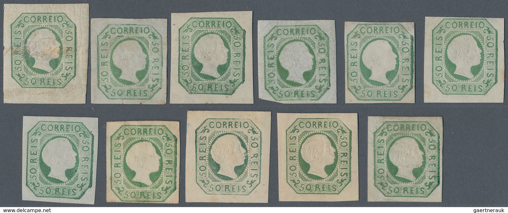 Portugal: 1855, Pedro 50 R. Green, Lot Of Eleven Copies And Reprints, Mint Hinged. Mostly In Good Co - Sonstige & Ohne Zuordnung