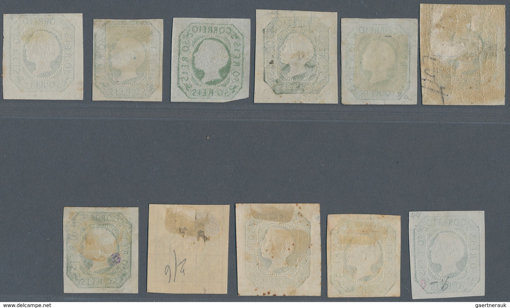Portugal: 1855, Pedro 50 R. Green, Lot Of Eleven Copies And Reprints, Mint Hinged. Mostly In Good Co - Autres & Non Classés