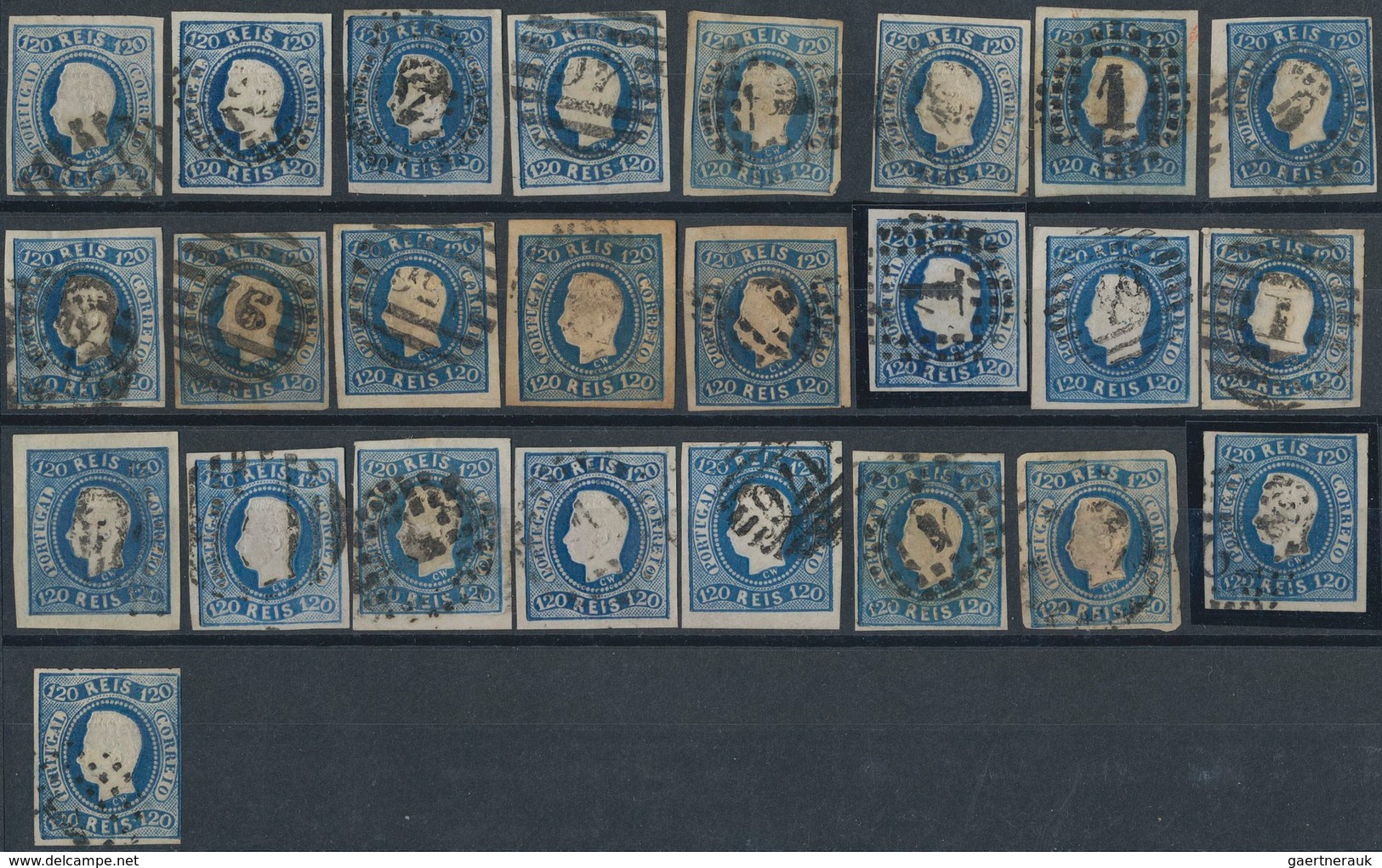 Portugal: 1866, Luis I. "Fita Curva" 120 R. Blue, One Unused And 56 Used Copies Of This Stamp, Many - Autres & Non Classés