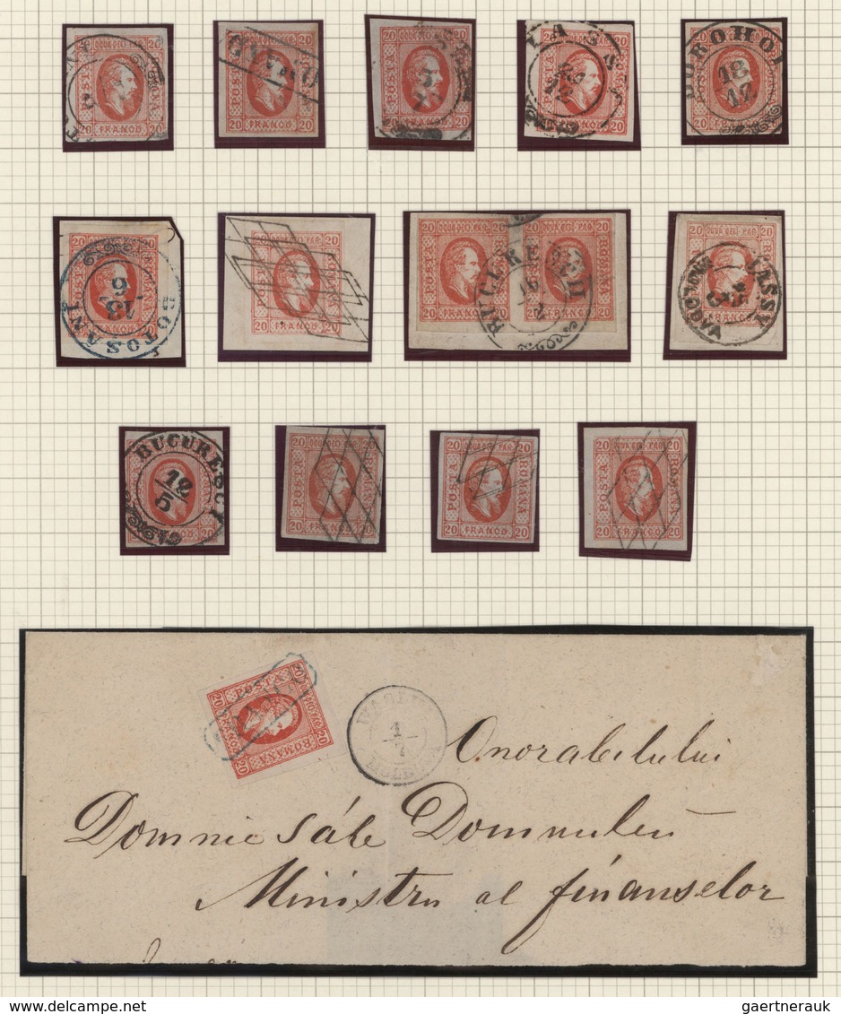 Rumänien: 1865, Prince Cuza 20pa. Red, Specialised Assortment/collection Of 15 Stamps On Album Page, - Usado