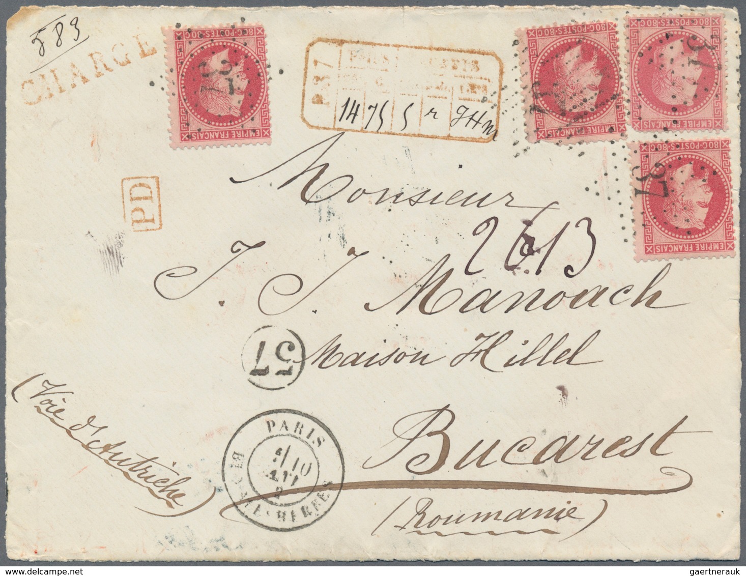 Rumänien: 1872-75 ca.: Correspondence from Paris to E. Hillel Manoach, Bucharest containing 22 front