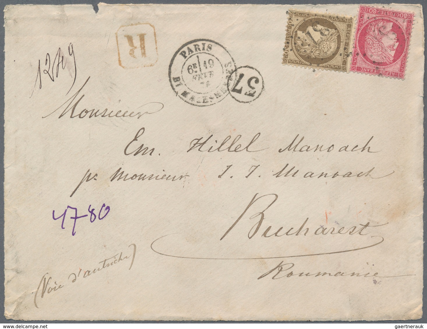 Rumänien: 1872-75 ca.: Correspondence from Paris to E. Hillel Manoach, Bucharest containing 22 front