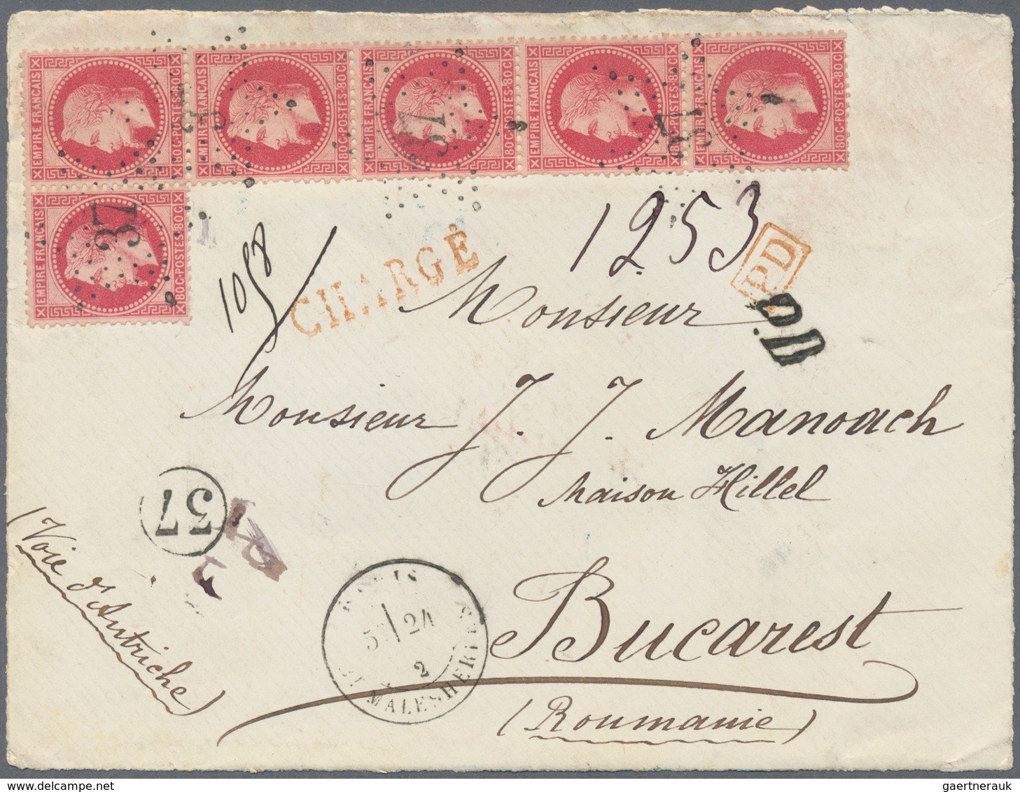 Rumänien: 1872-75 ca.: Correspondence from Paris to E. Hillel Manoach, Bucharest containing 22 front
