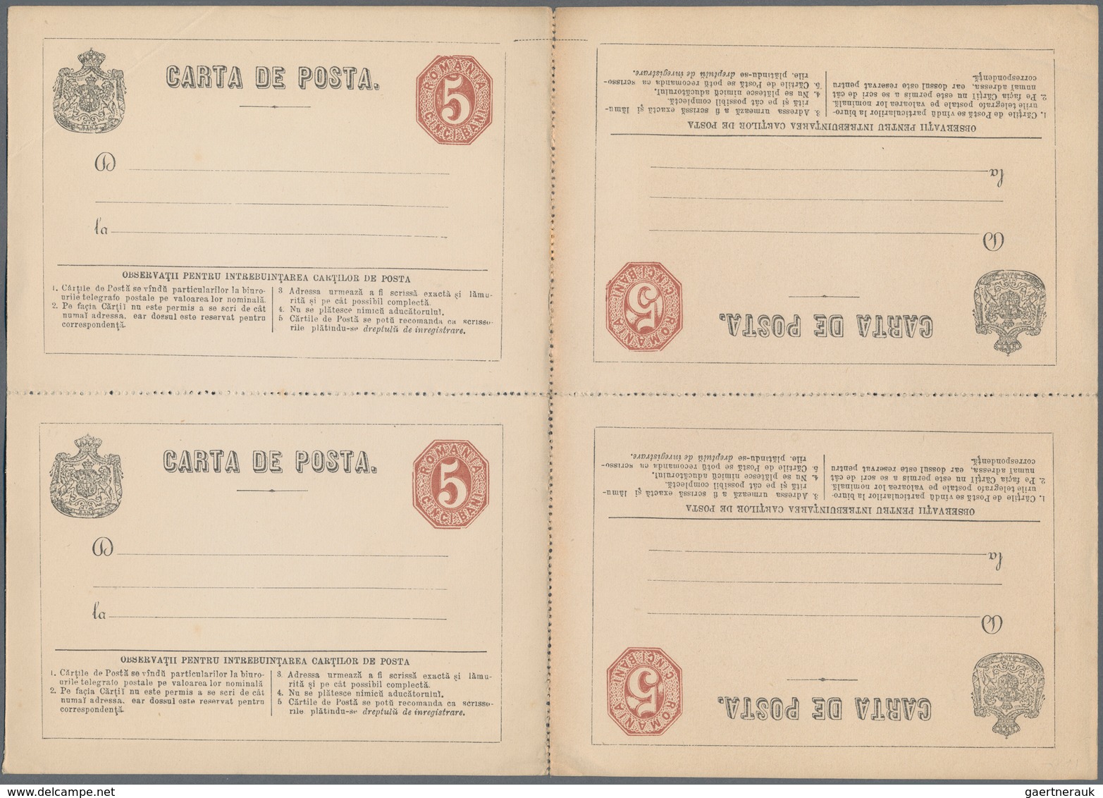 Rumänien - Ganzsachen: 1877/1882, Four Cards In Unsevered Multiples: 5b. Red-brown (Michel No. P12) - Postwaardestukken