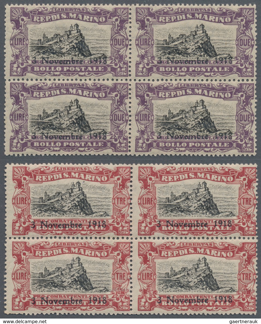 San Marino: 1918, End Of WWI Two Different Stamps With Opt. '3 / Novembre / 1918' In Different Quant - Cartas & Documentos