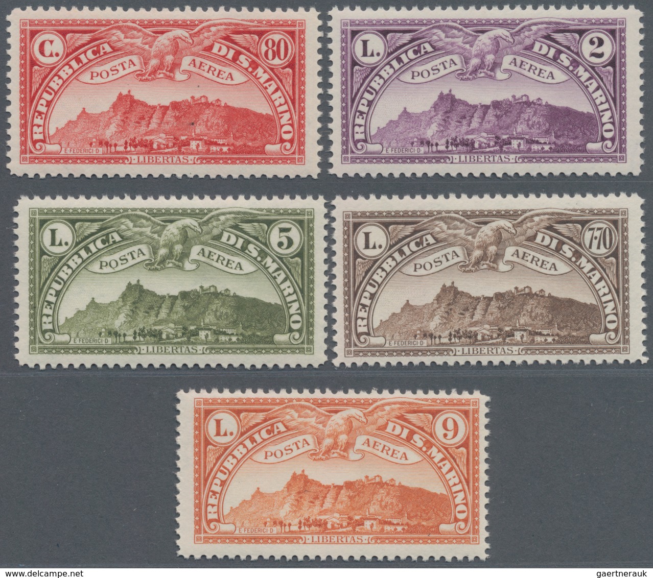 San Marino: 1931, Duplicated Lot Five Different Airmail Stamps 'Monte Titano' In Different Quantitie - Cartas & Documentos