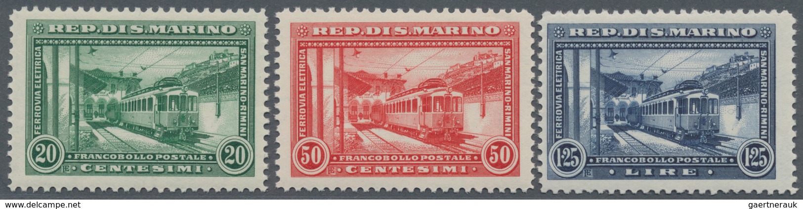 San Marino: 1932, Railway San Marino To Rimini Duplicated Lot Three Different Stamps 'Electric Train - Cartas & Documentos